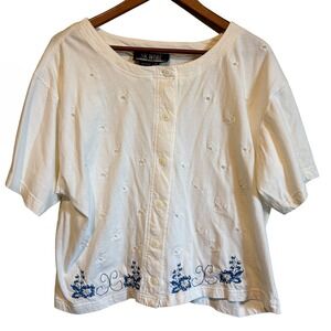 VTG SKWear Floral Embroidered Pearl Button Cottagecore Top 100% Cotton Womens 2X